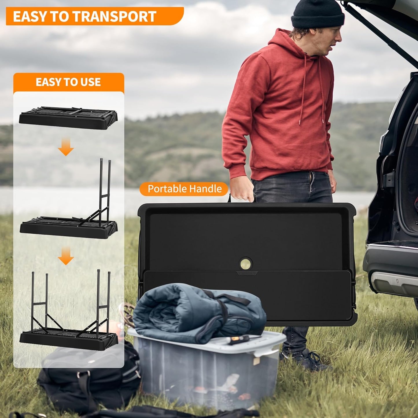 Portable Folding Ice Cooler Table - Two-Tier Outdoor Cooler Table with Removable Matching Skirt and Shelf, Ice Tables for Party, Camping, Picnic, Foldable Self-Serving Beverage Cooling Bar(Black)