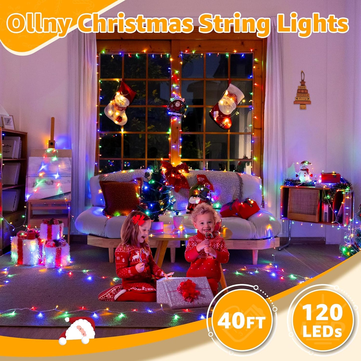 Ollny String Lights 120LED 40FT, Multicolor Fairy Lights Waterproof Connectable Timer, 8 Modes Plug in Christmas Light for Bedroom Outdoor Party Indoor Classroom Decorations